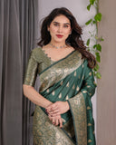 Dark Green Pure Kanjivaram Silk Saree with Golden Leaf Motifs & Floral Zari Border – 5.5m Saree + 0.8m Blouse Piece