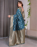 Peacock Blue Pure Kanjivaram Silk Saree with Gold Leaf Motifs & Ornate Floral Zari Border – 5.5m Saree + 0.8m Blouse Piece