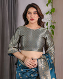 Peacock Blue Pure Kanjivaram Silk Saree with Gold Leaf Motifs & Ornate Floral Zari Border – 5.5m Saree + 0.8m Blouse Piece