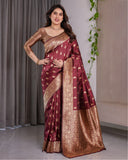 Maroon Pure Kanjivaram Silk Saree with Gold Leaf Motifs & Grand Floral Zari Pallu – 5.5m Saree + 0.8m Blouse Piece
