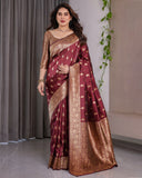 Maroon Pure Kanjivaram Silk Saree with Gold Leaf Motifs & Grand Floral Zari Pallu – 5.5m Saree + 0.8m Blouse Piece