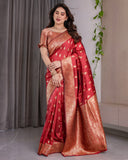 Red Pure Kanjivaram Silk Saree with Gold Zari Weaving & Contrast Blouse | 5.5m Saree + 0.8m Blouse