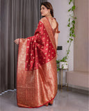 Red Pure Kanjivaram Silk Saree with Gold Zari Weaving & Contrast Blouse | 5.5m Saree + 0.8m Blouse