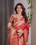Red Pure Kanjivaram Silk Saree with Gold Zari Weaving & Contrast Blouse | 5.5m Saree + 0.8m Blouse