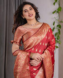 Red Pure Kanjivaram Silk Saree with Gold Zari Weaving & Contrast Blouse | 5.5m Saree + 0.8m Blouse