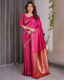 Pink Soft Kanjivaram Silk Saree with Golden Zari Pallu & Blouse | 5.5m Saree + 0.8m Blouse Piece