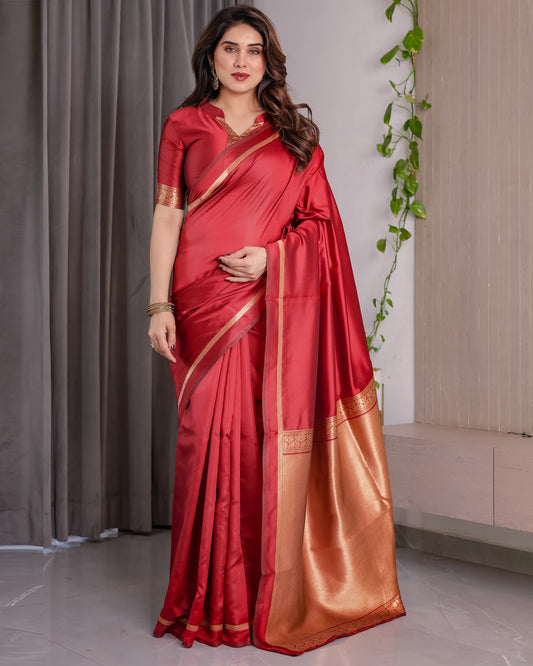 Cherry Red Soft Kanjivaram Silk Saree with Golden Zari Border & Elegant Pallu | 5.5m Saree + 0.8m Blouse Piece