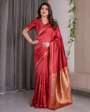 Cherry Red Soft Kanjivaram Silk Saree with Golden Zari Border & Elegant Pallu | 5.5m Saree + 0.8m Blouse Piece
