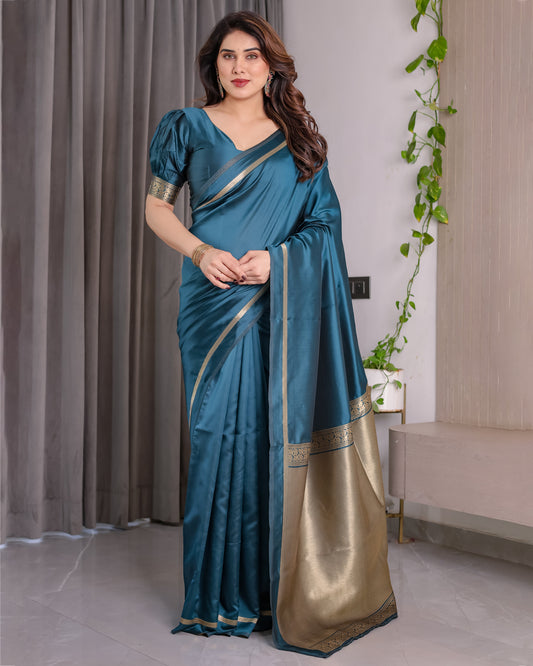Teal Blue Soft Kanjivaram Silk Saree with Golden Zari Pallu & Designer Blouse | 5.5m Saree + 0.8m Blouse