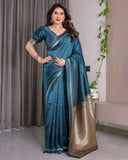 Teal Blue Soft Kanjivaram Silk Saree with Golden Zari Pallu & Designer Blouse | 5.5m Saree + 0.8m Blouse