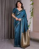 Teal Blue Soft Kanjivaram Silk Saree with Golden Zari Pallu & Designer Blouse | 5.5m Saree + 0.8m Blouse