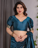 Teal Blue Soft Kanjivaram Silk Saree with Golden Zari Pallu & Designer Blouse | 5.5m Saree + 0.8m Blouse