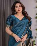 Teal Blue Soft Kanjivaram Silk Saree with Golden Zari Pallu & Designer Blouse | 5.5m Saree + 0.8m Blouse