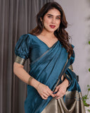 Teal Blue Soft Kanjivaram Silk Saree with Golden Zari Pallu & Designer Blouse | 5.5m Saree + 0.8m Blouse