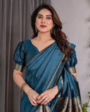 Teal Blue Soft Kanjivaram Silk Saree with Golden Zari Pallu & Designer Blouse | 5.5m Saree + 0.8m Blouse