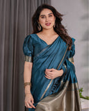 Teal Blue Soft Kanjivaram Silk Saree with Golden Zari Pallu & Designer Blouse | 5.5m Saree + 0.8m Blouse
