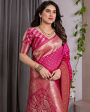 Magenta Pink Pure Kanjivaram Silk Saree with Golden Zari Weaving & Rich Floral Pallu | 5.5m Saree + 0.8m Blouse Piece
