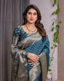 Teal Blue Pure Kanjivaram Silk Saree with Golden Zari Weaving & Brocade Floral Pallu | 5.5m Saree + 0.8m Blouse Piece