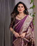 Royal Purple Pure Kanjivaram Silk Saree with Golden Zari Buttas & Rich Brocade Pallu | 5.5m Saree + 0.8m Designer Blouse Piece