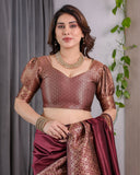 Wine Brown Pure Kanjivaram Silk Saree with Antique Gold Jacquard Border & Designer Blouse | 5.5m Saree + 0.8m Blouse Piece