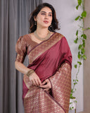 Wine Brown Pure Kanjivaram Silk Saree with Antique Gold Jacquard Border & Designer Blouse | 5.5m Saree + 0.8m Blouse Piece