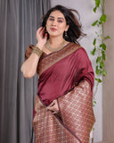 Wine Brown Pure Kanjivaram Silk Saree with Antique Gold Jacquard Border & Designer Blouse | 5.5m Saree + 0.8m Blouse Piece