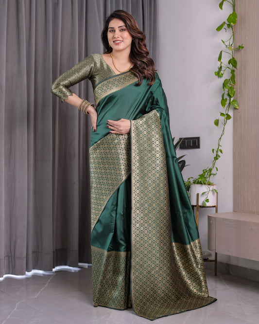 Bottle Green Pure Kanjivaram Silk Saree with All-Over Golden Jacquard Weaving & Designer Blouse | 5.5m Saree + 0.8m Blouse Piece