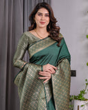 Bottle Green Pure Kanjivaram Silk Saree with All-Over Golden Jacquard Weaving & Designer Blouse | 5.5m Saree + 0.8m Blouse Piece