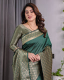 Bottle Green Pure Kanjivaram Silk Saree with All-Over Golden Jacquard Weaving & Designer Blouse | 5.5m Saree + 0.8m Blouse Piece
