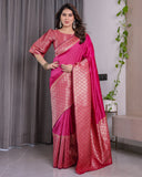 Pink Pure Kanjivaram Silk Saree with Gold Jacquard Border & Rich Woven Pallu | 5.5m Saree + 0.8m Designer Blouse Piece