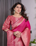 Pink Pure Kanjivaram Silk Saree with Gold Jacquard Border & Rich Woven Pallu | 5.5m Saree + 0.8m Designer Blouse Piece