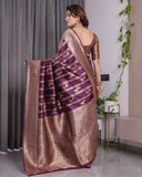 Majestic Purple Pure Kanjivaram Silk Saree with Gold Zari Striped Pallu & Traditional Brocade Border | 5.5m Saree + 0.8m Blouse