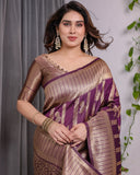 Majestic Purple Pure Kanjivaram Silk Saree with Gold Zari Striped Pallu & Traditional Brocade Border | 5.5m Saree + 0.8m Blouse