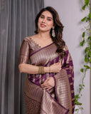 Majestic Purple Pure Kanjivaram Silk Saree with Gold Zari Striped Pallu & Traditional Brocade Border | 5.5m Saree + 0.8m Blouse