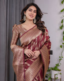 Maroon Pure Kanjivaram Silk Saree with Gold Zari Striped Floral Pallu & Broad Border | 5.5m Saree + 0.8m Jacquard Blouse Piece