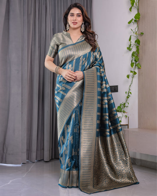 Teal Blue Pure Kanjivaram Silk Saree with Gold Zari Striped Pallu & Intricate Floral Weave | 5.5m Saree + 0.8m Brocade Blouse