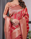 Classic Red Pure Kanjivaram Silk Saree with Rich Zari Floral Striped Pallu & Brocade Border | 5.5m Saree + 0.8m Blouse Piece