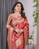 Classic Red Pure Kanjivaram Silk Saree with Rich Zari Floral Striped Pallu & Brocade Border | 5.5m Saree + 0.8m Blouse Piece