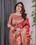 Classic Red Pure Kanjivaram Silk Saree with Rich Zari Floral Striped Pallu & Brocade Border | 5.5m Saree + 0.8m Blouse Piece