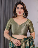 Forest Green Pure Kanjivaram Silk Saree with Gold Striped Floral Pallu & Heavy Zari Border | 5.5m Saree + 0.8m Jacquard Blouse Piece