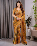 Mustard Yellow Fendy Chiffon Saree with Foil & Block Print, Tassels, and Attached Blouse