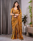 Mustard Yellow Fendy Chiffon Saree with Foil & Block Print, Tassels, and Attached Blouse