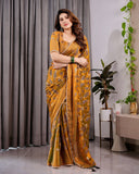 Mustard Yellow Fendy Chiffon Saree with Foil & Block Print, Tassels, and Attached Blouse