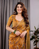 Mustard Yellow Fendy Chiffon Saree with Foil & Block Print, Tassels, and Attached Blouse
