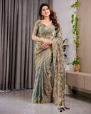 Pastel Green Fendy Chiffon Saree with Foil & Block Prints, Pearl Lace & Tassel Edges