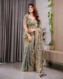 Pastel Green Fendy Chiffon Saree with Foil & Block Prints, Pearl Lace & Tassel Edges