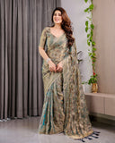 Pastel Green Fendy Chiffon Saree with Foil & Block Prints, Pearl Lace & Tassel Edges