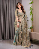 Pastel Green Fendy Chiffon Saree with Foil & Block Prints, Pearl Lace & Tassel Edges