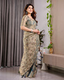 Pastel Green Fendy Chiffon Saree with Foil & Block Prints, Pearl Lace & Tassel Edges
