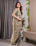 Pastel Green Fendy Chiffon Saree with Foil & Block Prints, Pearl Lace & Tassel Edges